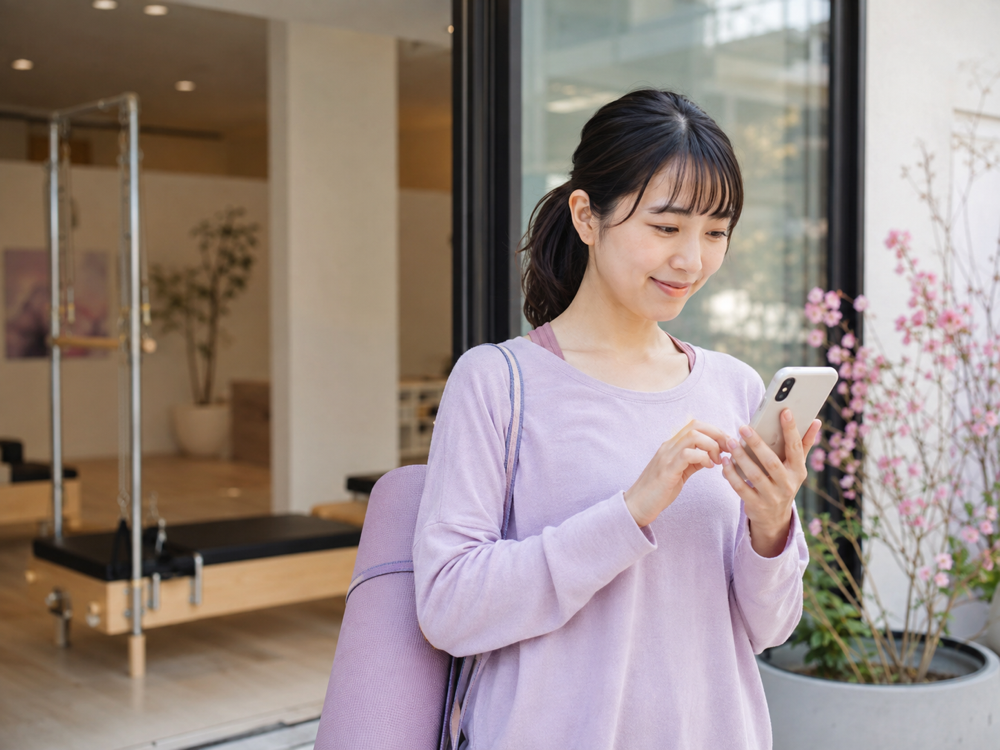 スマートフォンから体験予約するピラティス利用者