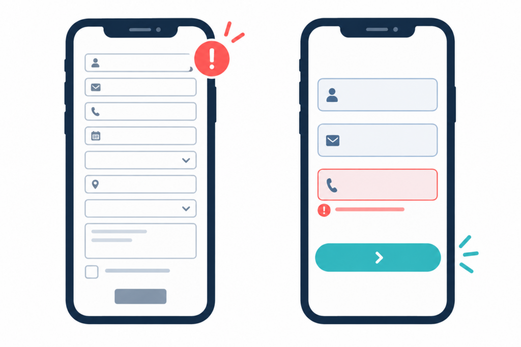 不要な入力項目を減らし、分かりやすいエラー表示と操作しやすいボタンを備えたスマホ予約フォームの概念図